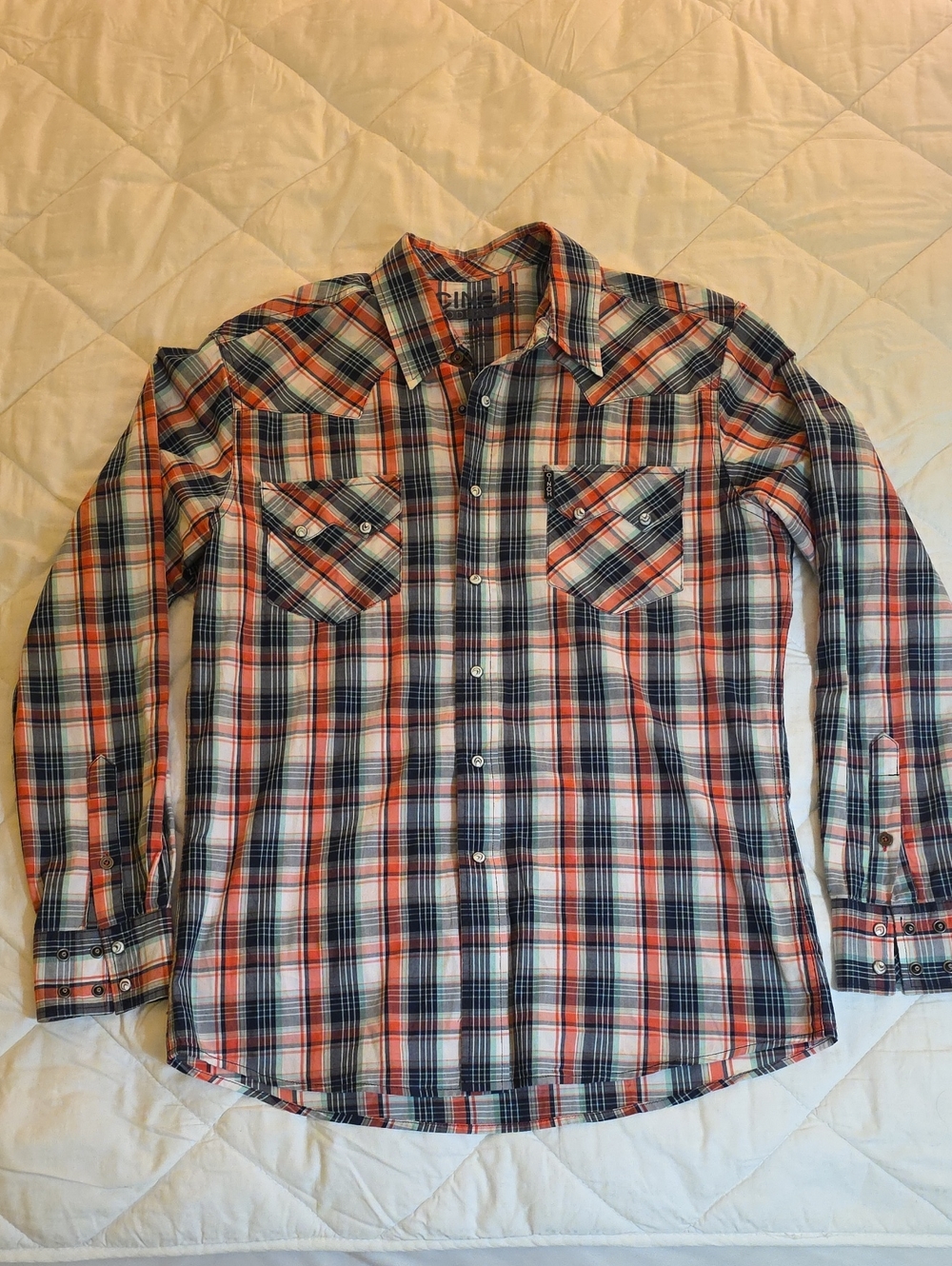 Cinch Men's Orange, Navy & White Plaid Pearl Snap Button-Down Shirt. Size Med.